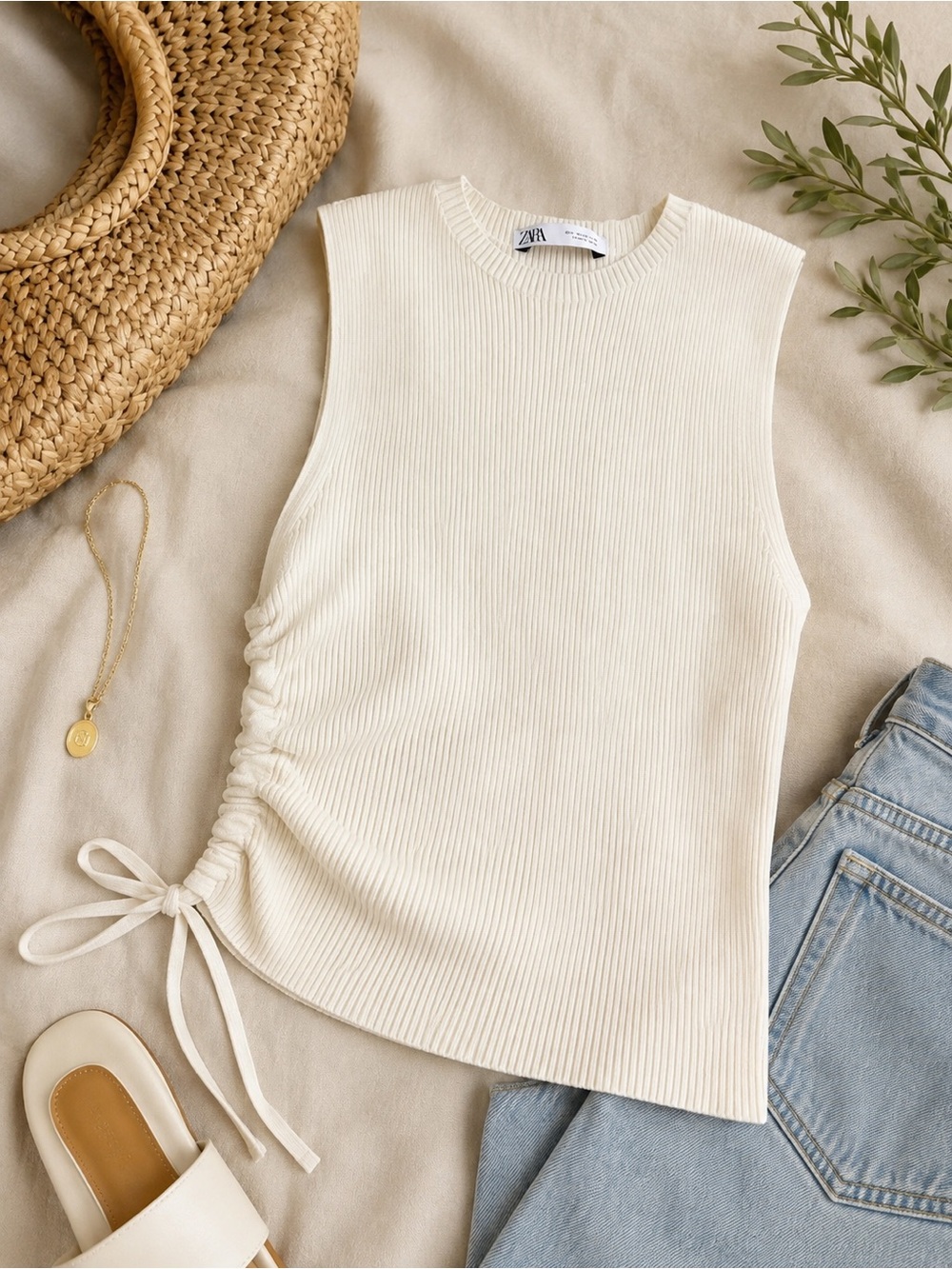 Zara Ribbed Knit Side Tie Sleeveless Top Ivory Cream Size Small Ruched Open Side